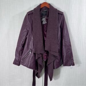 G.I.L.I Faux Leather Knit Front Brown Belted Jacket Coat Size 18